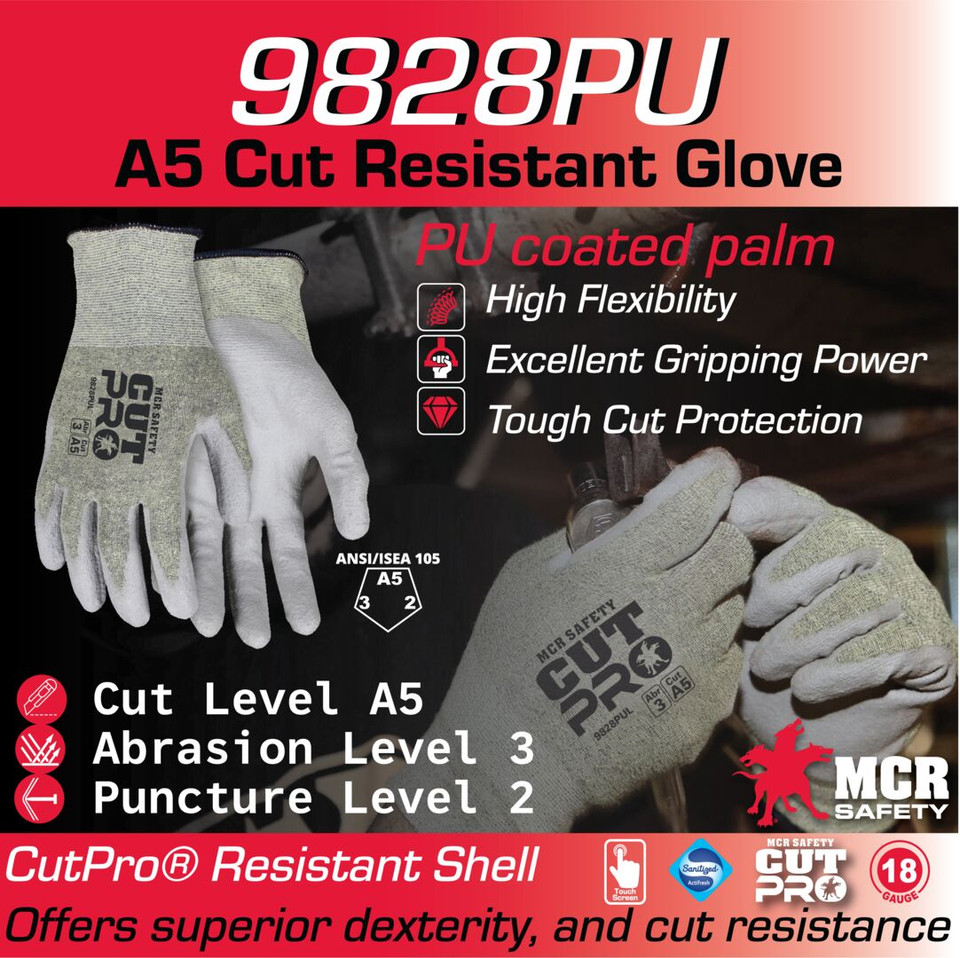 9828PU - MCR Safety CutPro® - 18 Gauge Cut Resistant Shell - Cut, Abrasion, and Puncture Resistant Work Gloves