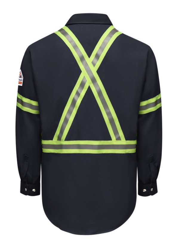 360° Visibility w/ Front and Back 2" FR Yellow/Silver/Yellow Reflective Striping, Banded, Topstitched Collar, Two Chest Pockets, Flaps and Button Closure, Sewn-in Pencil Stall, Placket Front w/ Button Closure, Topstitched Cuff w/ Button Closure, Tailored Sleeve Placket