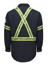 360° Visibility w/ Front and Back 2" FR Yellow/Silver/Yellow Reflective Striping, Banded, Topstitched Collar, Two Chest Pockets, Flaps and Button Closure, Sewn-in Pencil Stall, Placket Front w/ Button Closure, Topstitched Cuff w/ Button Closure, Tailored Sleeve Placket