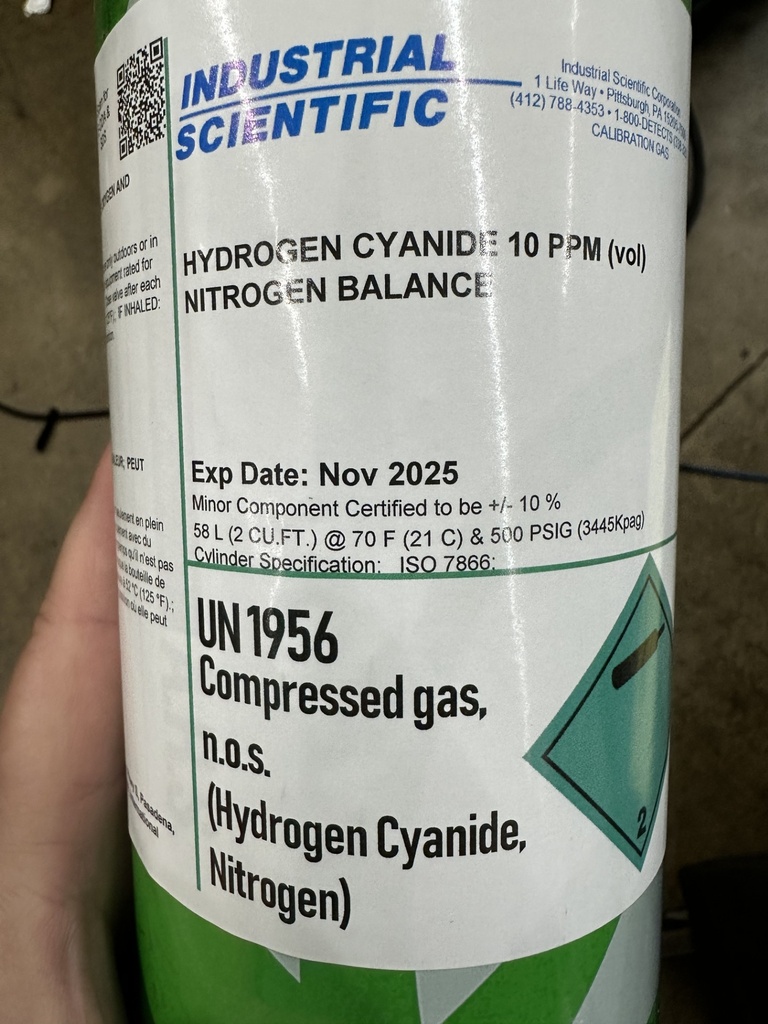 Cal gas, HCN 10ppm, 58L, w/ reader