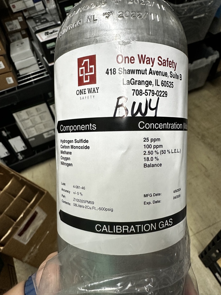 Calibration Gas, BW4/Gas Clip 4 - 58L H2S 25, CO 100, LEL 50%, O2 18
