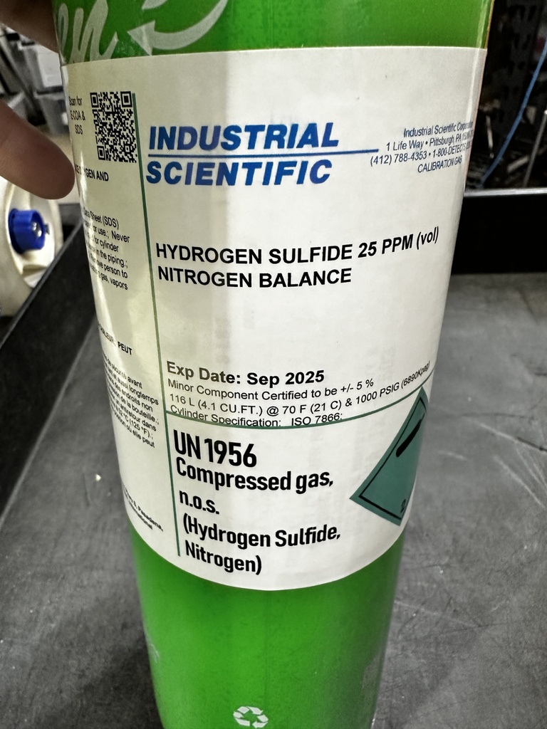 18109078 Cal gas, W/READER H2S, 25PPM, 116L,