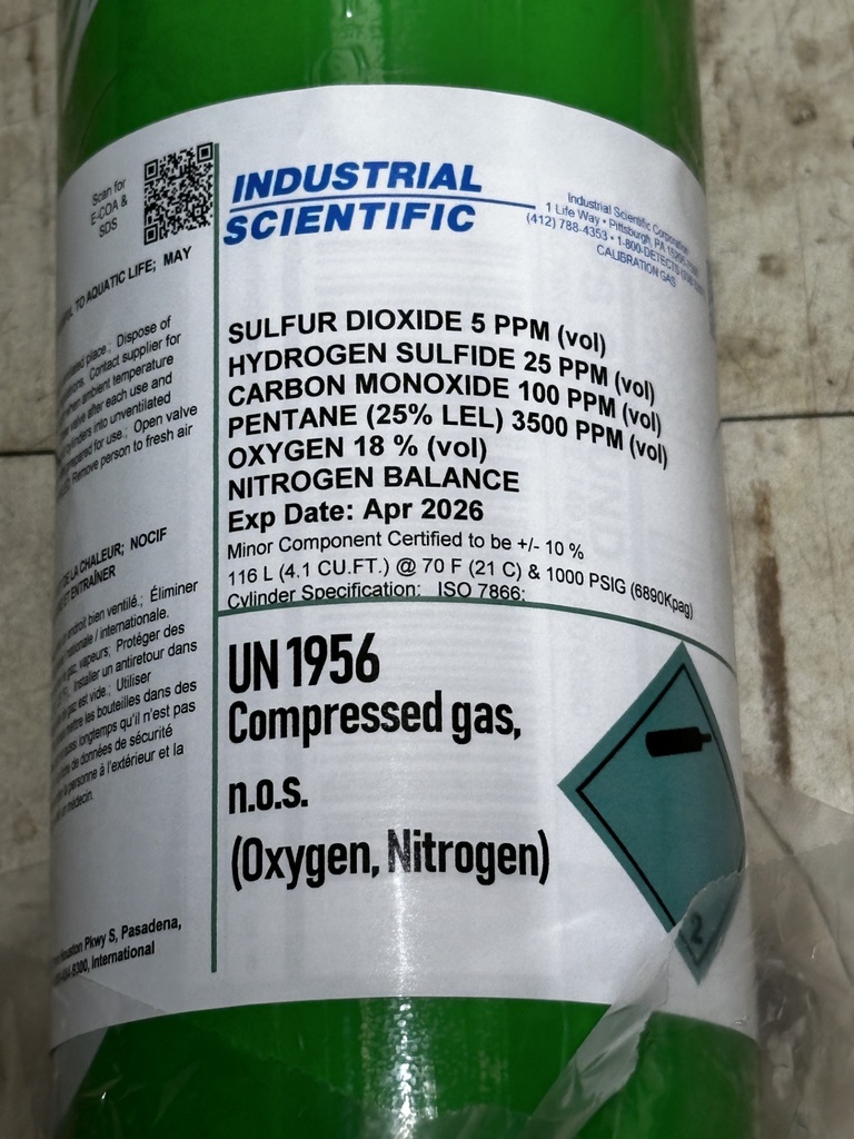 ISC5wREADER- Calibration Gas, 116L- 5 ppm SO2, 25 ppm H2S, 100 ppm Co, 25% LEL Pentane, 18% O2, Hazmat 18109220
