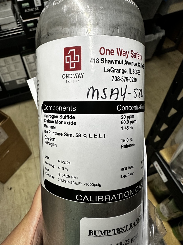 Cal gas for MSA 4gas 58L, h2s 20, co 60, lel 58%, O2 15% 12/Case