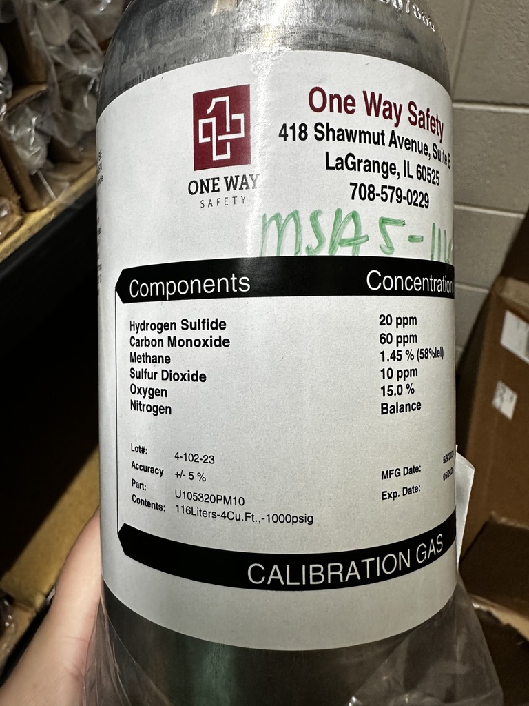 Cal Gas,MSA 5 gas 58L-1.45%CH4,60CO, 20H2S, 10 SO2, 15%02 