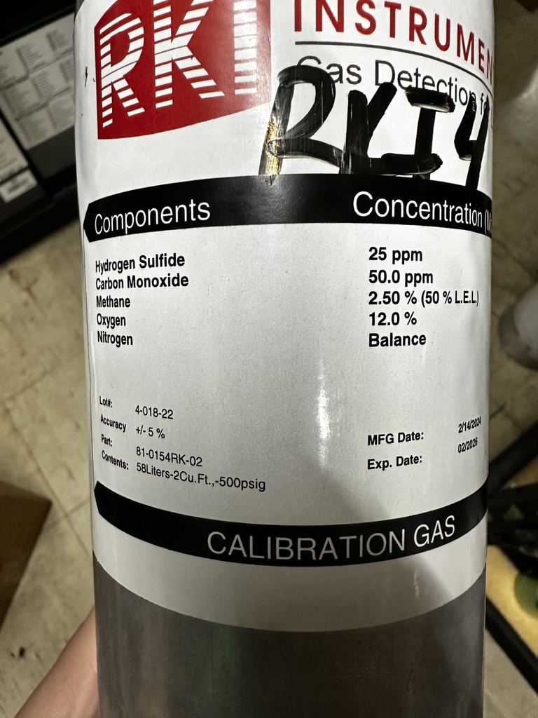 Cal Gas 4gas  58L-25ppm H2S,50ppm CO, 2.5%CH4(50%LEL) 12%O2 N2