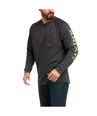 MNS RBR CTN STRNG LONG SLEEVE T SHIRT CHARCOAL HEATHER/LIME
