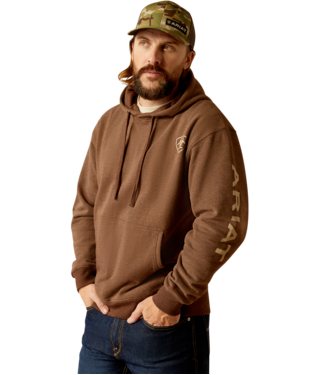 SWEATSHIRT, MNS ARIAT LOGO HOODIE CHESTNUT HEATHER/TAN