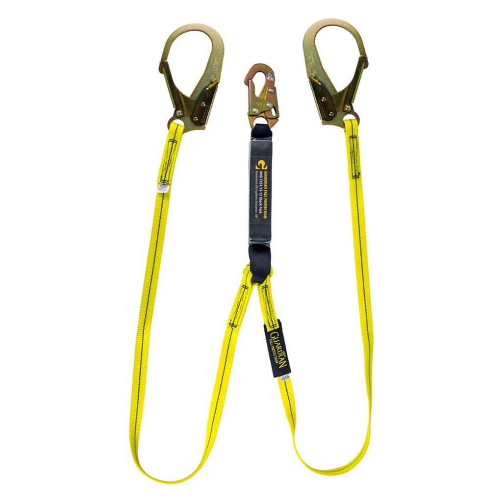 (GUARDIAN CSA) 6 ft external energy absorbing lanyard, dual, yellow, standard 1 inch web, steel snap one end, 2.5 inch rebar hooks opposite ends - Shock Absorbing Lanyards
