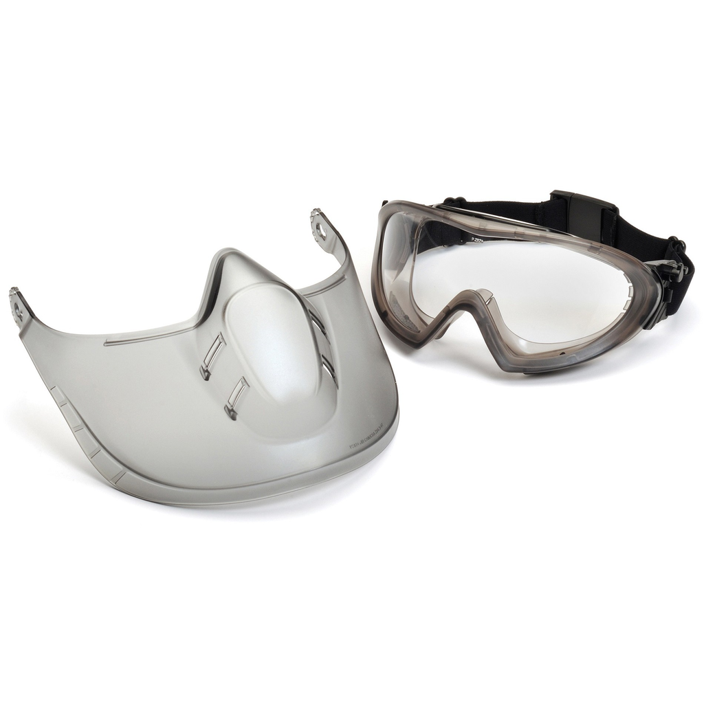 Capstone Goggles - Gray Frame/Clear H2X Anti-Fog Lens with faceshield attachment. Includes 2 disposable tear-off visors - Direct/Indirect