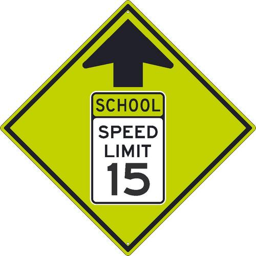 (GRAPHIC SCHOOL SPEED LIMIT SIGN WITH ARROW), 30X30 .080 DG REF ALUM