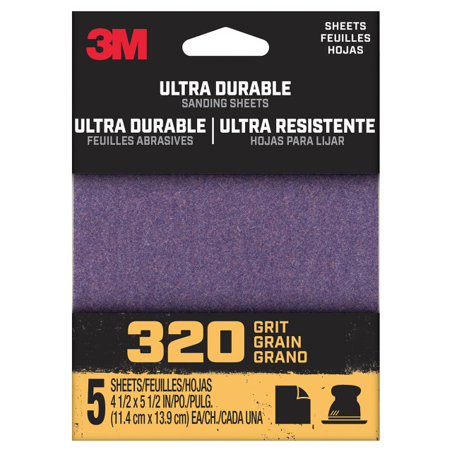 1/4SHT5PK320 - 3M™ Ultra Durable Power Sanding 1/4 Sheet, 320 grit, 1/4Sht5pk320, 5 pk,
20/case