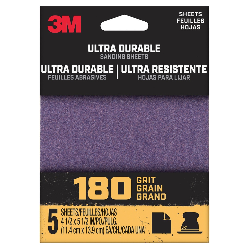 1/4SHT5PK180 - 3M™ Ultra Durable Power Sanding 1/4 Sheet, 180 grit, 1/4Sht5pk180, 5 pk,
20/case