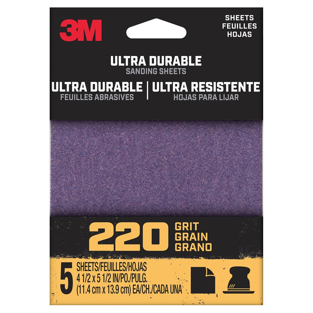 1/4SHT5PK220 - 3M™ Ultra Durable Power Sanding 1/4 Sheet, 220 grit, 1/4Sht5pk220, 5 pk,
20/case