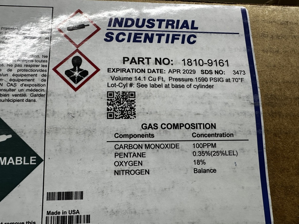 Cylinder, Calibration Gas, 100 ppm Carbon Monoxide, .35% Pentane (25% LEL), 18% Oxygen, Steel, 552L