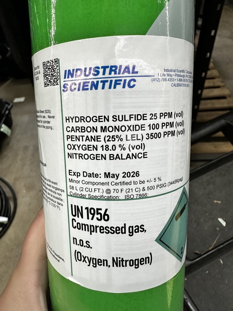 ISC 4 Gas w/reader Cylinder 58 Liter, 2 cu. ft., 25 ppm H2S, 100 ppm Co, 25% LEL Pentane, 18% O2 (18109155 )