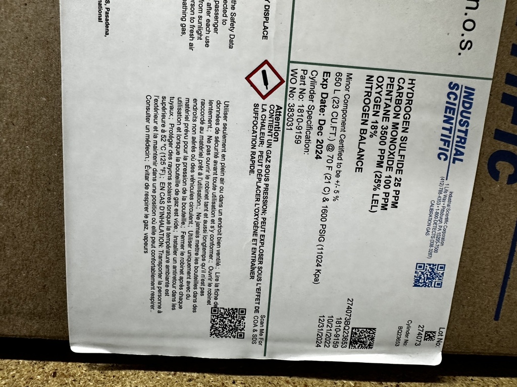 Cylinder, Calibration Gas, 25 ppm Hydrogen Sulfide, 100 ppm Carbon Monoxide, .35% Pentane (25% LEL), 18% Oxygen, Aluminum, 650L