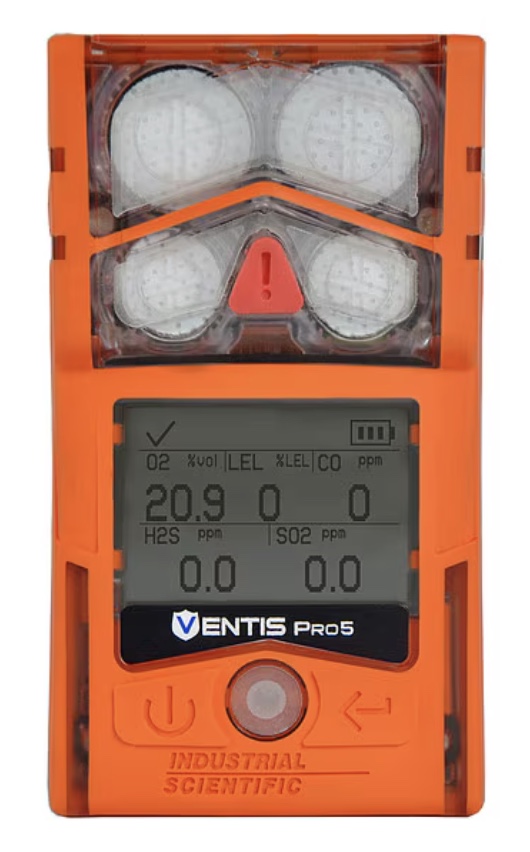 Ventis Pro5 Personal Gas Monitor, LEL (Pentane), CO, H2S, O2, Li-ion Slim Extended Battery, Desktop Charger, No Pump, Orange, UL/CSA, English