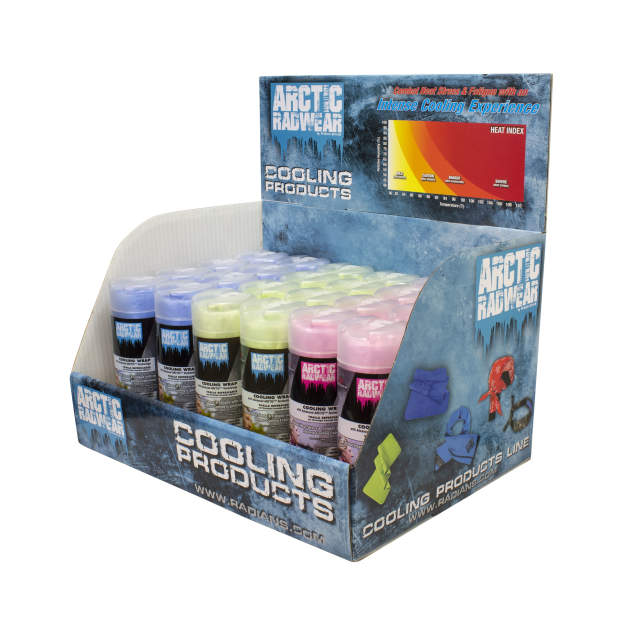 Corrugated Counter Display with Header Graphic Cooling Wraps - 12 Blue, 6 Hi-Vis Lime, 6 Pink