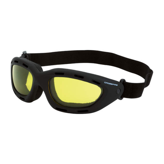 Goggle Adjustable Headstrap • Open Cell Foam Liner • Meets ANSI Z87.1+ • 99.9% UV Protection Black Frame - Yellow Anti-Fog Lens