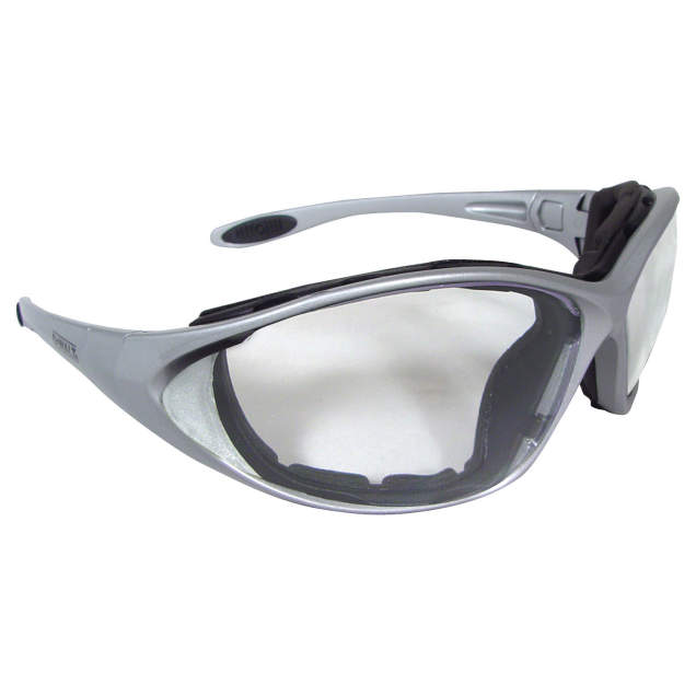 Glasses Foam Lined Glass • Elastic Headstrap • Optional Temples • Meets ANSI Z87.1+ • 99.9% UV Protection Silver Frame - Clear Lens