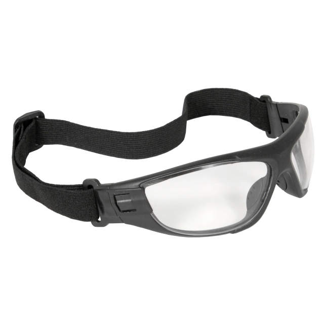 4-in-1 Safety Eyewear • Adjustable Headstrap • Snap-in Temples • Removable Foam Padding • ANSI Z87.1+ • 99.9% UV Black Frame - Clear Anti-Fog Lens