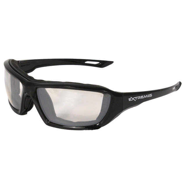 Glasses Foam Lined Frame • Full Frame with Polycarbonate Lens • Rubber Nosepads • Meets ANSI Z87.1+ • 99.9% UV Protection Black Frame - Indoor/Outdoor Lens