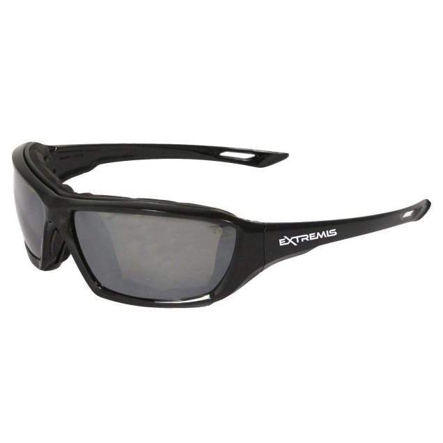 Glasses Foam Lined Frame • Full Frame with Polycarbonate Lens • Rubber Nosepads • Meets ANSI Z87.1+ • 99.9% UV Protection Black Frame - Silver Mirror Lens