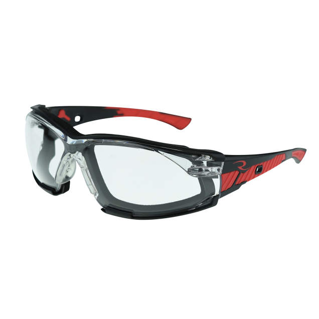 Glasses Iquity™ Anti-Fog Technology • Abrasion & Chemical Resistant • Water Washable • Foam Lined • Adjustable Elastic Strap • ANSI Z87.1 Compliant Black/Red Frame - Clear IQuity™ Anti-Fog Lens
