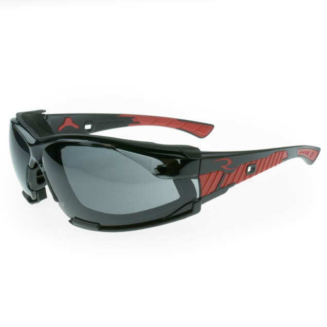 Glasses Iquity™ Anti-Fog Technology • Abrasion & Chemical Resistant • Water Washable • Foam Lined • Adjustable Elastic Strap • ANSI Z87.1 Compliant Black/Red Frame - Smoke IQuity™ Anti-Fog Lens