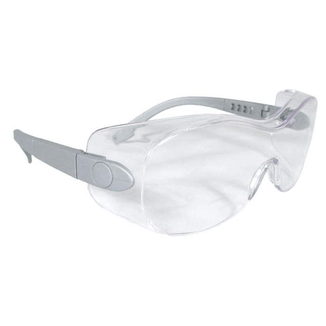 Fits Over Prescription Glasses • Ratcheting & Telescoping Temples • Meets ANSI Z87.1+ • 99.9% UV Protection Silver Frame - Clear Lens
