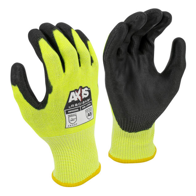 Glove ANSI Cut Level A8 • 13 Gauge Hi-Vis HPPE Shell w/ Fiberglass & Stainless Steel • Black PU Palm Coating • EN388: 4 X 4 3 F Size M