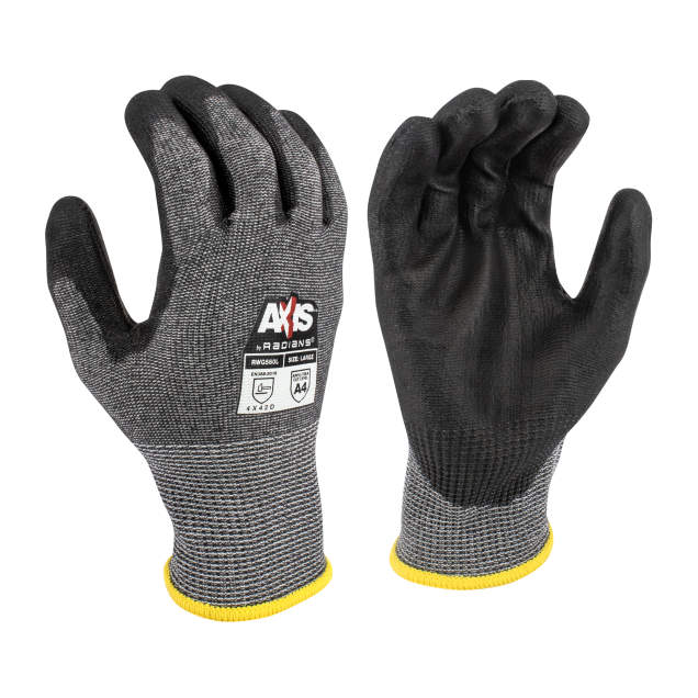 Glove ANSI Cut Level A4 • 13 Gauge Gray HPPE Shell w/ Fiberglass • Black PU Palm Coating • EN388: 4 X 4 2 D Size M