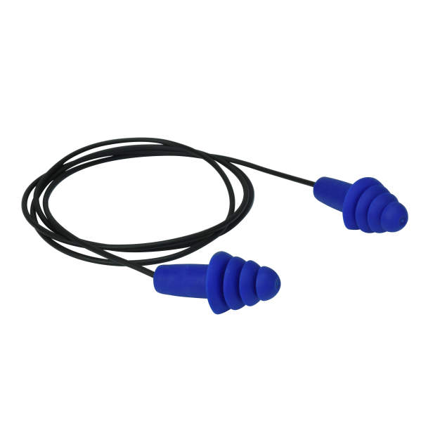 Earplugs NRR 27 • 4 Flanges • Metal Detectable • Reusable Silicone Rubber • Latex Free • PVC Dielectric Cord • Soap & Water Washable Metal Detectable Reusable Plug