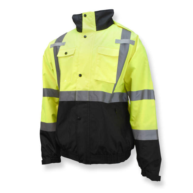 PU Coated Oxford Ripstop Poly • Removable Inner Fleece Jacket • Removable Hood • 2” Silver Reflective • 6 Pockets • 2 Mic Tabs • D-Ring Pass Thru Hi-Vis Green / Black - Size 3X