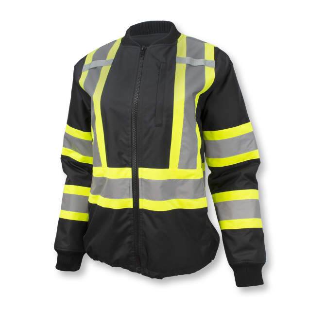Jacket Class 1 High-Visibility • Fluorescent Green Trim • Silver Reflective Tape • PU Coated Polyester Outer Shell • Fleece Lined • 4 Pockets • 2 Mic Tabs Black - Size M