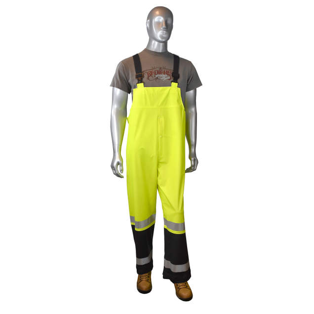 35mm PVC/POLY • ANSI 107-2015 Class E • SE D6413 Tested • Bib Style Overall • Reinforced Crotch Hi-Vis Green - Size L