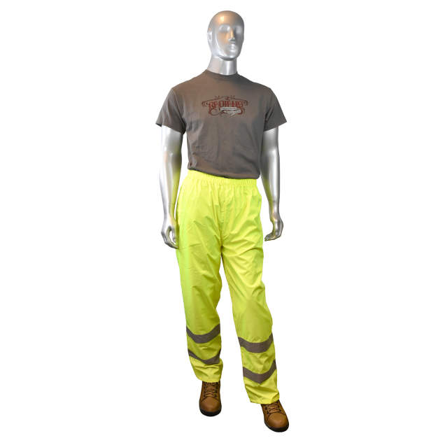 Rain Pants 150D PU Coated Oxford Poly Shell • Slash Pockets • Adjustable Cuffs with Snaps • Elastic Waist • ANSI 107-2015 Class E Hi-Vis Green - Size 3X