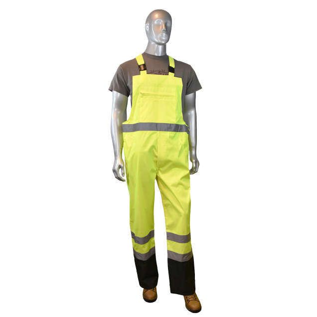 Rain Bib Pants 300D PU Coated Oxford Poly Shell • Two Tone • Slash Pockets • Upper Chest Pocket • Adjustable Suspenders • ANSI 107-2015 Class E Hi-Vis Green - Size L