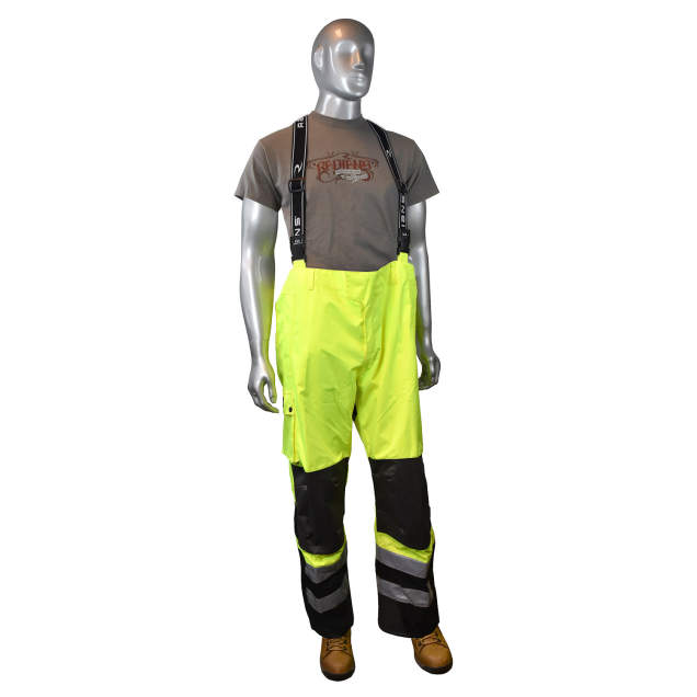 Pants w/Bib 300D PU Coated Rip Stop Oxford Poly Waterproof Shell • 2 Tone • Inner Pocket for Knee Pad • Knee High Leg Zipper • ANSI 107-2015 Class E Hi-Vis Green - Size XL