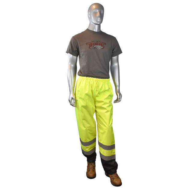 Pants 300 Denier Oxford Polyester • Waterproof • Lower Leg Cuff Snap • Slash Through Pockets • ANSI 107-2015 Class E Hi-Vis Green - Size 5X-6X