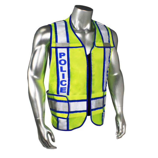 Mesh Class 2 breakaway vest w/adjust waist • 2" 3M™ silver reflective w/contrast trim • Zip-n-Rip • Mic tabs • Made in USA Police - Blue Trim - Hi-Vis Green - Size R