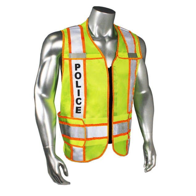 Mesh Class 2 breakaway vest w/adjust waist • 2" 3M™ silver reflective w/contrast trim • Zip-n-Rip • Mic tabs • Made in USA Police - Orange Trim - Hi-Vis Green - Size R