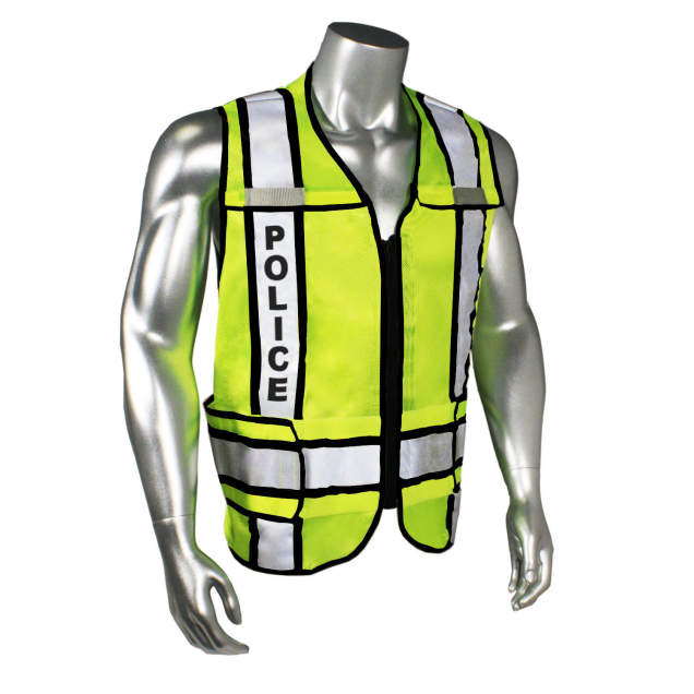 Mesh Class 2 breakaway vest w/adjust waist • 2" 3M™ silver reflective w/contrast trim • Zip-n-Rip • Mic tabs • Made in USA Police - Black Trim - Hi-Vis Green - Size R