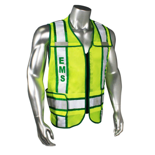 Mesh Class 2 breakaway vest w/adjust waist • 2" 3M™ silver reflective w/contrast trim • Zip-n-Rip • Mic tabs • Made in USA EMS - Green Trim - Hi-Vis Green - Size R