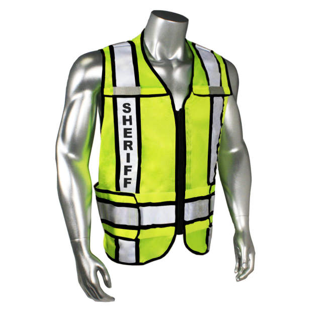 Mesh Class 2 breakaway vest w/adjust waist • 2" 3M™ silver reflective w/contrast trim • Zip-n-Rip • Mic tabs • Made in USA Sheriff - Black Trim - Hi-Vis Green - Size J