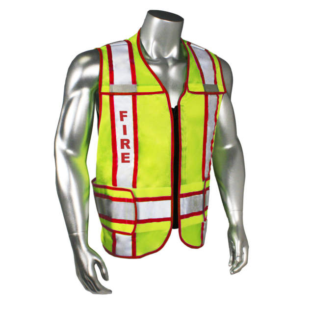 Mesh Class 2 breakaway vest w/adjust waist • 2" 3M™ silver reflective w/contrast trim • Zip-n-Rip • Mic tabs • Made in USA Fire - Red Trim - Hi-Vis Green - Size J