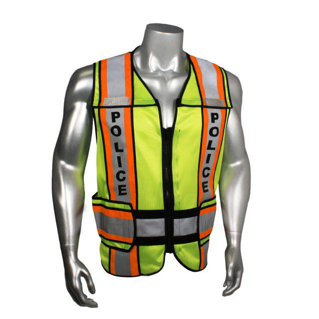 Mesh Class 2 breakaway vest w/adjust waist • 2" 3M™ silver reflective w/4" contrast trim • Zip-n-Rip • Mic tabs • Made in USA Police - Orange Trim - Hi-Vis Green - Size R