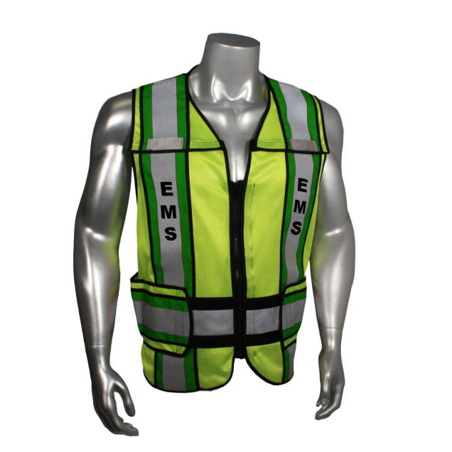 Mesh Class 2 breakaway vest w/adjust waist • 2" 3M™ silver reflective w/4" contrast trim • Zip-n-Rip • Mic tabs • Made in USA EMS - Green Trim - Hi-Vis Green - Size R