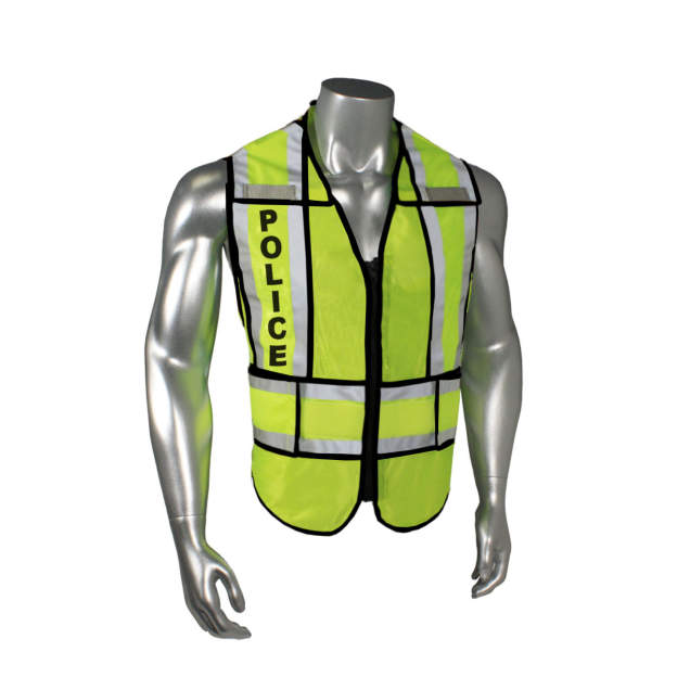 Mesh Class 2 breakaway vest w/adjust waist • 1" split 3M™ silver reflective w/contrast trim • Zip-n-Rip • Mic tabs • Made in USA Police - Black Trim - Hi-Vis Green - Size R